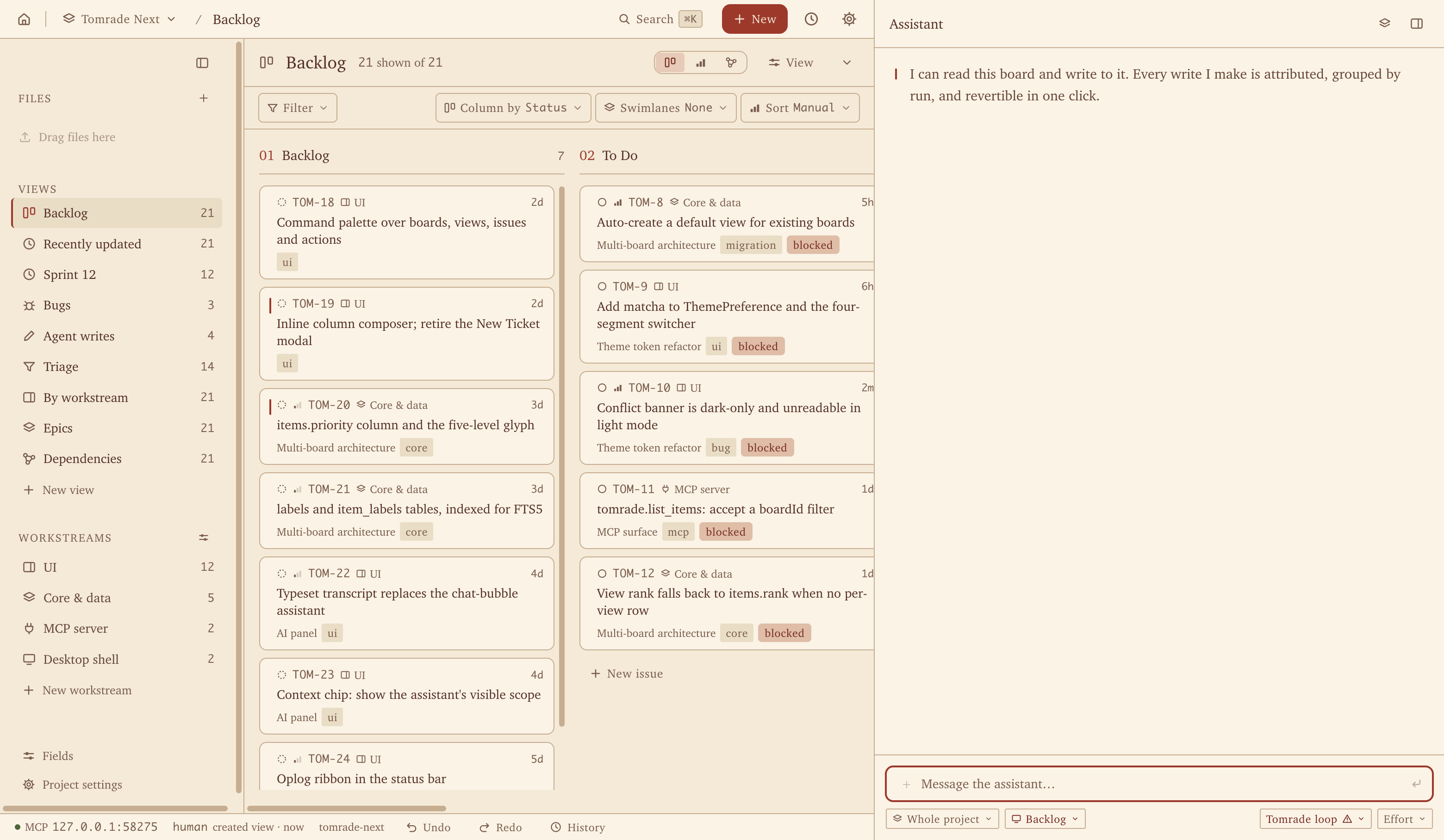 Tomrade's board: a sidebar of views and workstreams, issue cards in Backlog and To Do columns, and the assistant panel on the right.