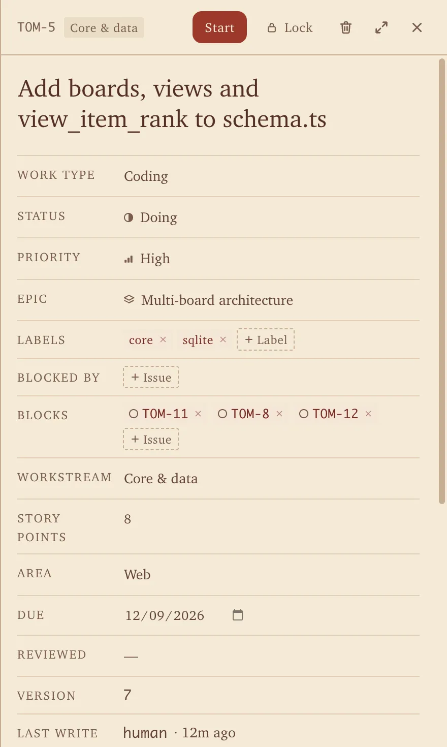 An issue's detail pane: a Start button, a Lock button, status, priority, the issues that block it, its version and who wrote last.